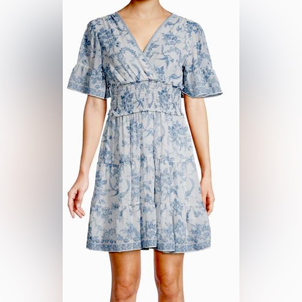 MAX STUDIO Blue and White Floral Georgette Tiered Dress